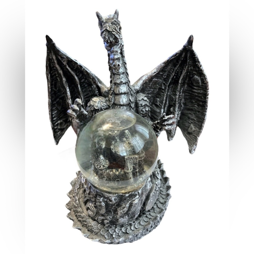 Silver resin 7" Dragon Figurine with Crystal Ball snow globe
